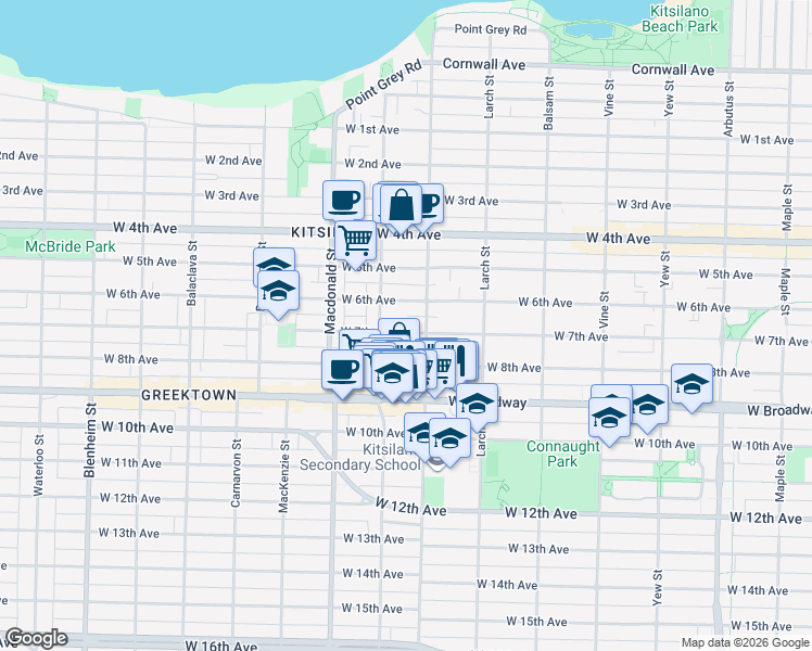 map of restaurants, bars, coffee shops, grocery stores, and more near 2635 West 7th Avenue in Vancouver