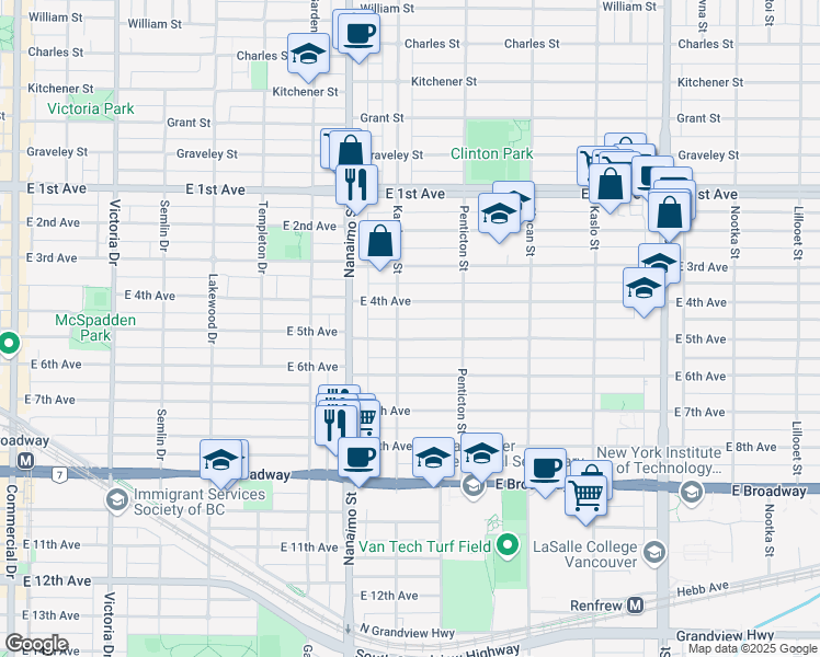 map of restaurants, bars, coffee shops, grocery stores, and more near 2517 East 5th Avenue in Vancouver