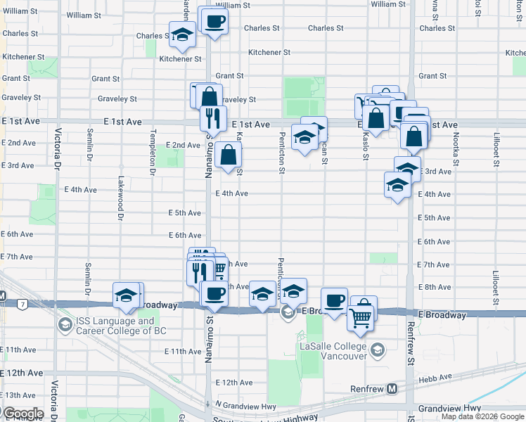 map of restaurants, bars, coffee shops, grocery stores, and more near 2559 East 5th Avenue in Vancouver