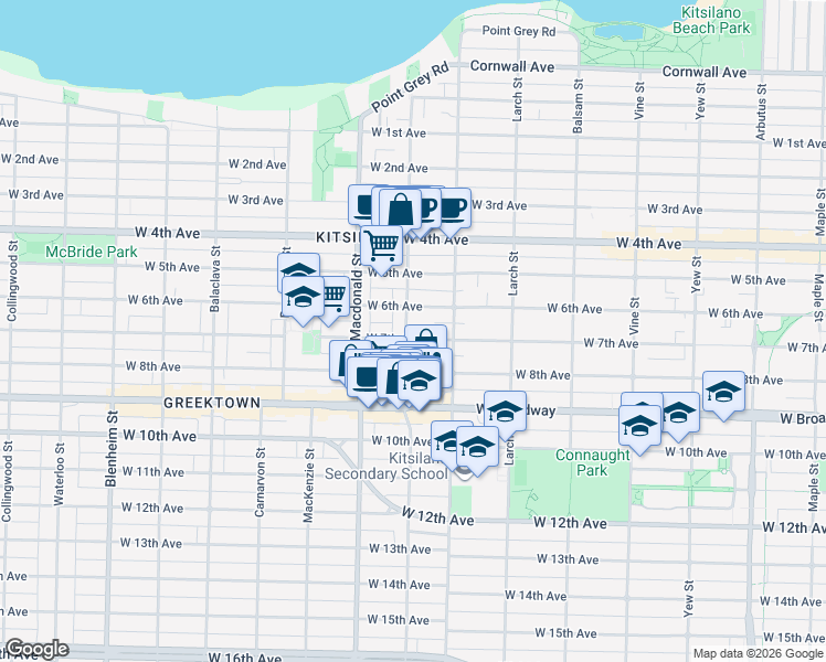 map of restaurants, bars, coffee shops, grocery stores, and more near 2238 Stephens Street in Vancouver