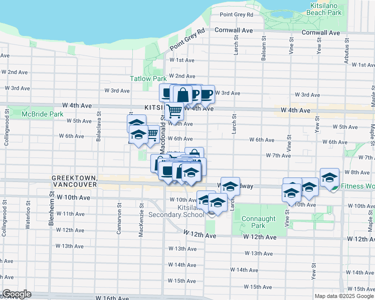 map of restaurants, bars, coffee shops, grocery stores, and more near 2238 Stephens Street in Vancouver