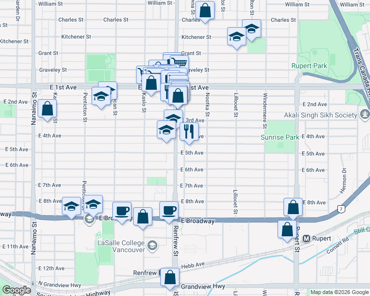 map of restaurants, bars, coffee shops, grocery stores, and more near 2915 East 5th Avenue in Vancouver