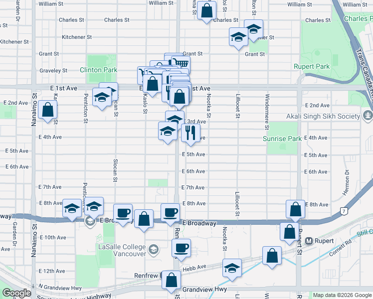 map of restaurants, bars, coffee shops, grocery stores, and more near 2915 East 5th Avenue in Vancouver