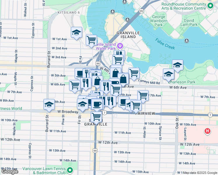map of restaurants, bars, coffee shops, grocery stores, and more near 1428 West 6th Avenue in Vancouver