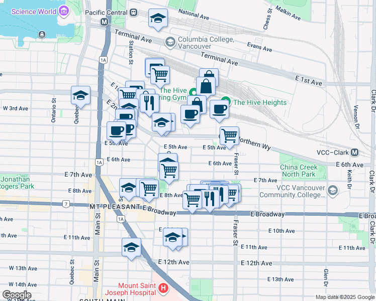 map of restaurants, bars, coffee shops, grocery stores, and more near 498 East 5th Avenue in Vancouver