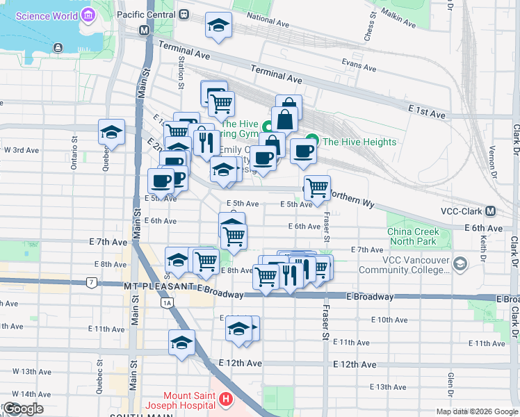 map of restaurants, bars, coffee shops, grocery stores, and more near 498 East 5th Avenue in Vancouver
