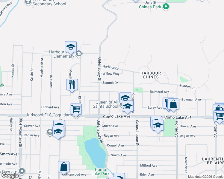 map of restaurants, bars, coffee shops, grocery stores, and more near 1339 Brisbane Avenue in Coquitlam