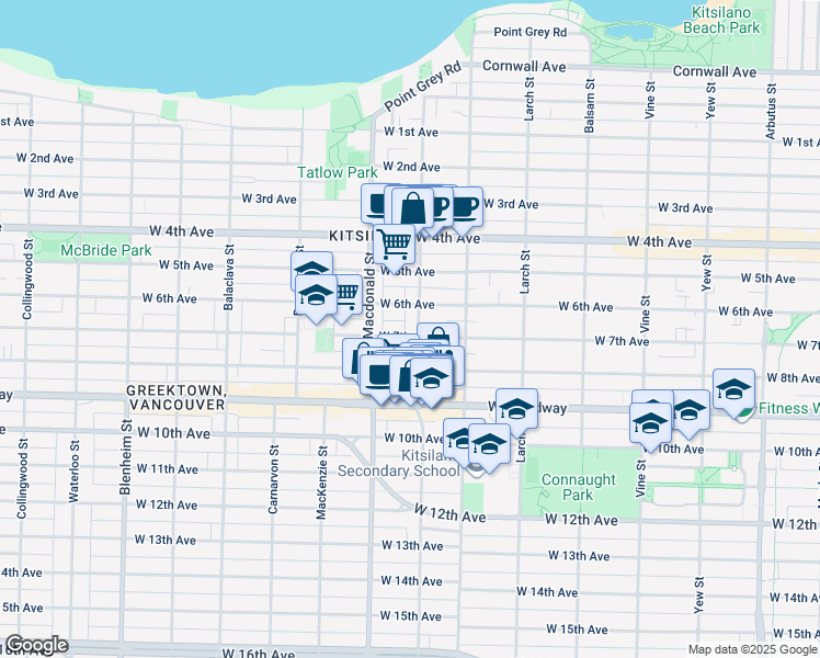 map of restaurants, bars, coffee shops, grocery stores, and more near 2239 Stephens Street in Vancouver