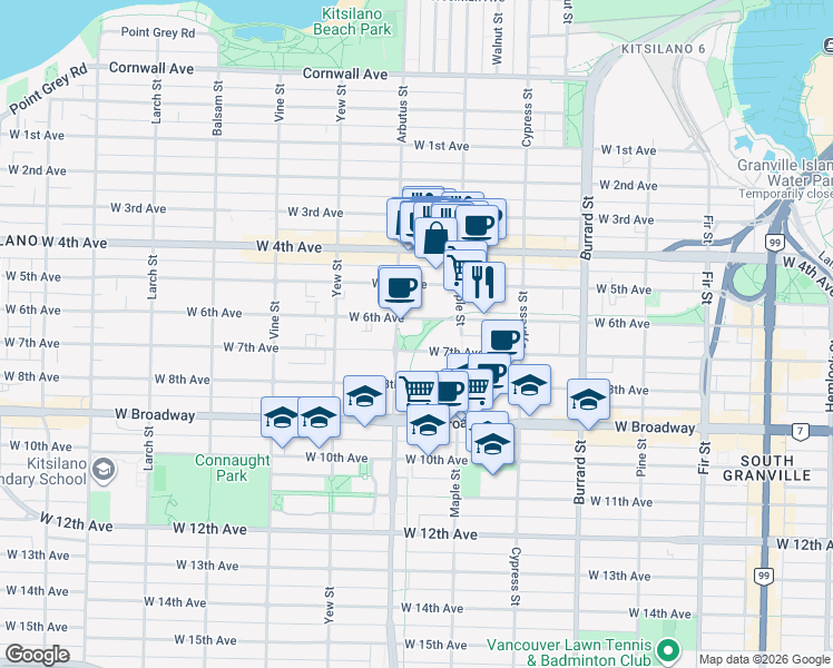 map of restaurants, bars, coffee shops, grocery stores, and more near  in Vancouver