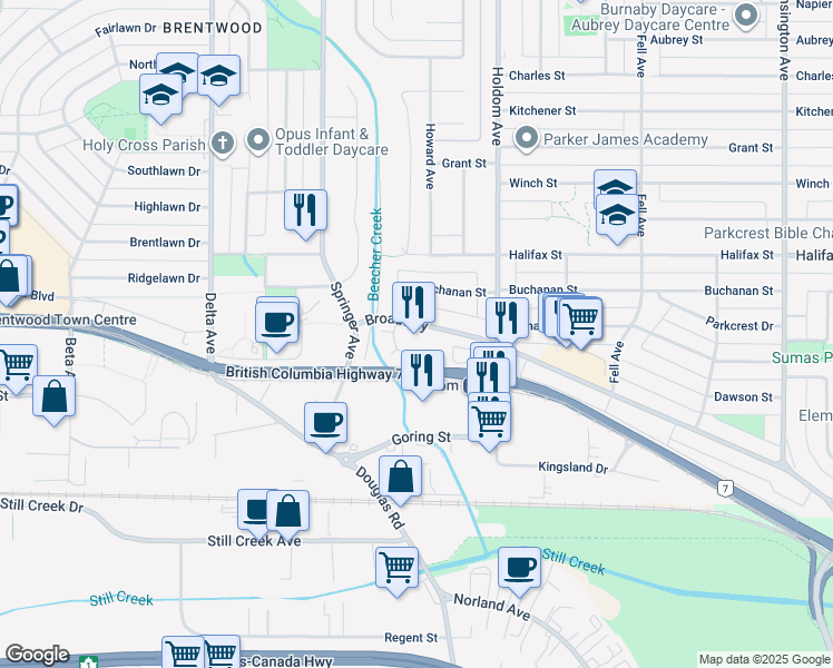 map of restaurants, bars, coffee shops, grocery stores, and more near in Burnaby