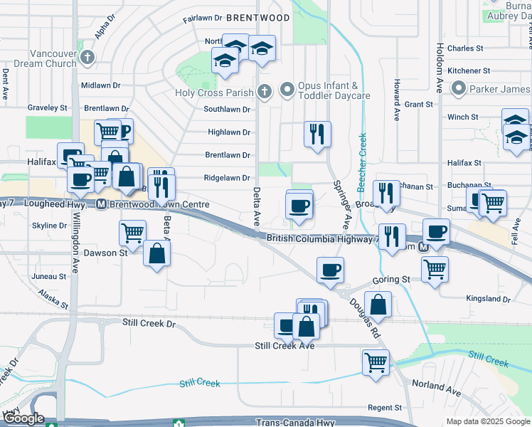 map of restaurants, bars, coffee shops, grocery stores, and more near in Burnaby