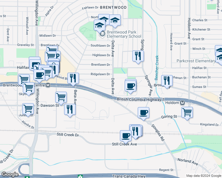map of restaurants, bars, coffee shops, grocery stores, and more near in Burnaby