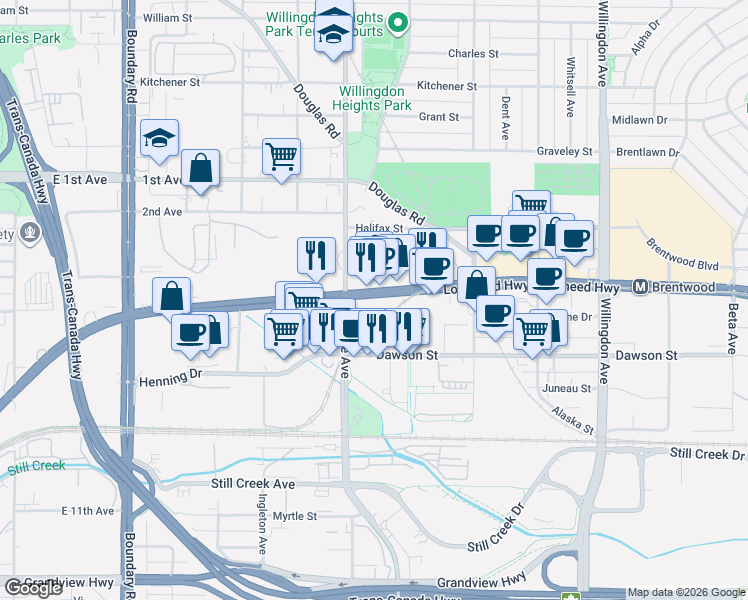 map of restaurants, bars, coffee shops, grocery stores, and more near 4168 Lougheed Highway in Burnaby