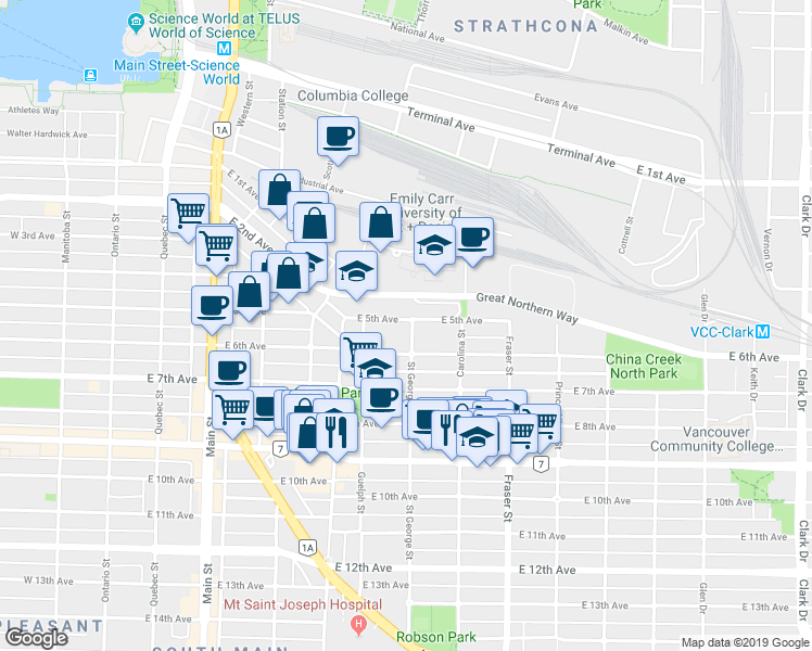 map of restaurants, bars, coffee shops, grocery stores, and more near in Vancouver