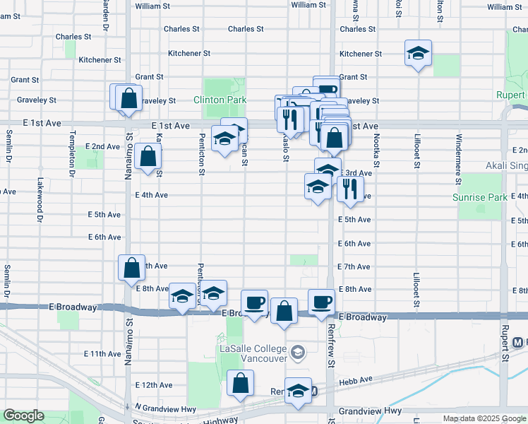 map of restaurants, bars, coffee shops, grocery stores, and more near 2745 East 5th Avenue in Vancouver
