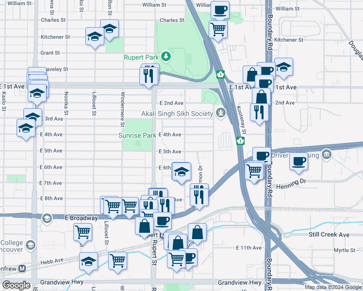 map of restaurants, bars, coffee shops, grocery stores, and more near 2075 Cassiar Street in Vancouver
