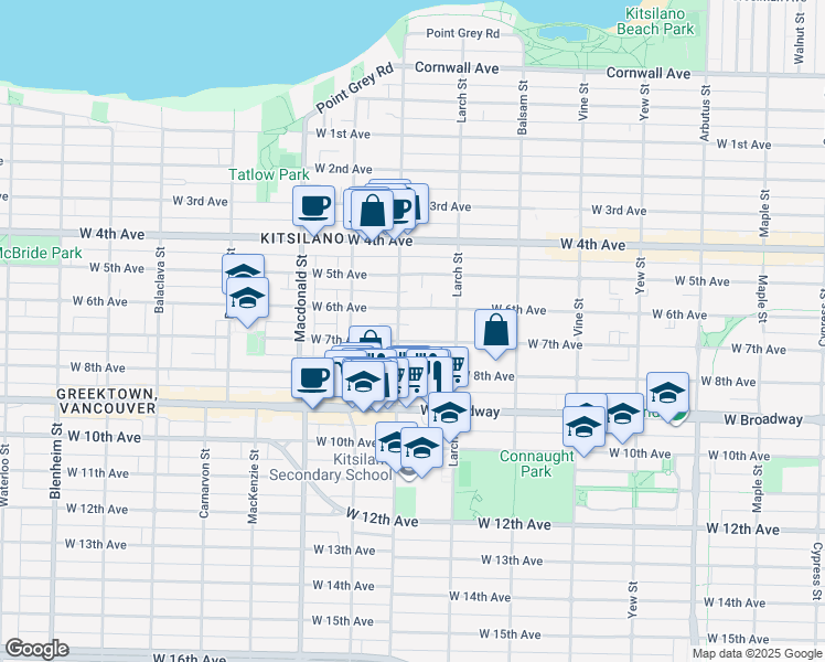 map of restaurants, bars, coffee shops, grocery stores, and more near 2575 West 7th Avenue in Vancouver
