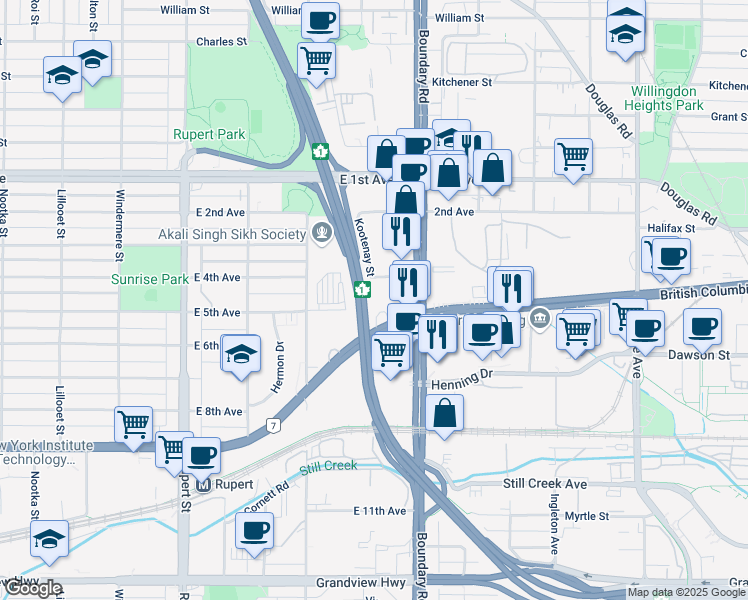 map of restaurants, bars, coffee shops, grocery stores, and more near in Vancouver