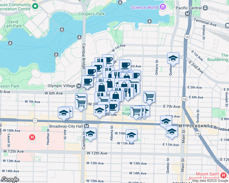map of restaurants, bars, coffee shops, grocery stores, and more near in Vancouver