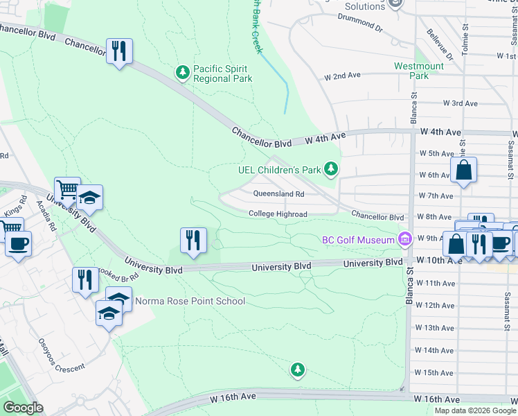 map of restaurants, bars, coffee shops, grocery stores, and more near 4935 College Highroad in Vancouver
