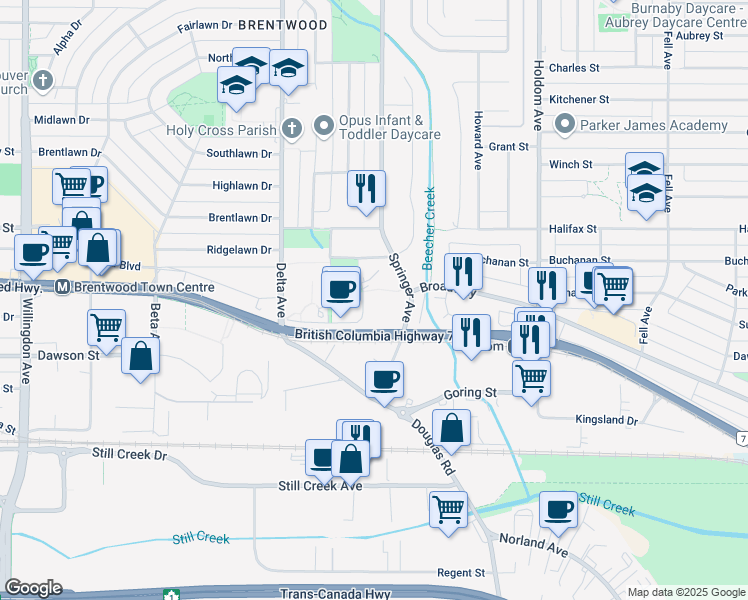 map of restaurants, bars, coffee shops, grocery stores, and more near 2020 Bellwood Avenue in Burnaby