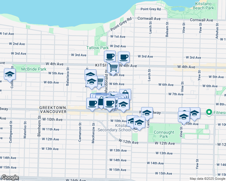 map of restaurants, bars, coffee shops, grocery stores, and more near 2751 West 7th Avenue in Vancouver