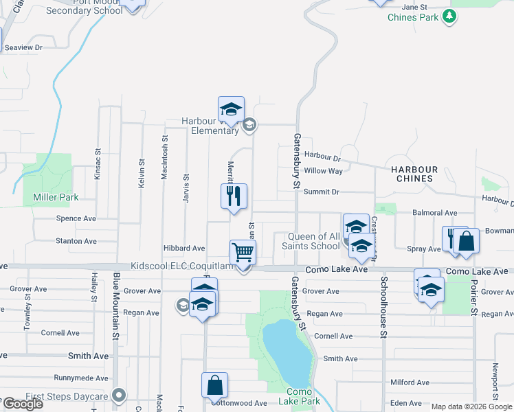 map of restaurants, bars, coffee shops, grocery stores, and more near 1189 Brisbane Avenue in Coquitlam