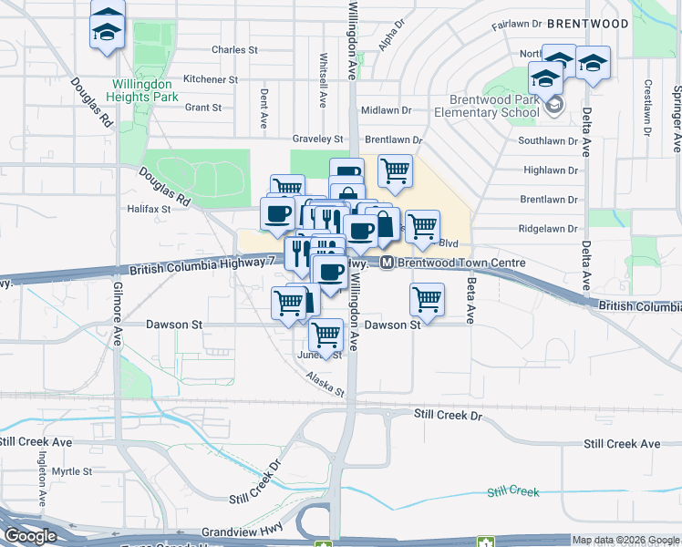 map of restaurants, bars, coffee shops, grocery stores, and more near 4465 Skyline Drive in Burnaby