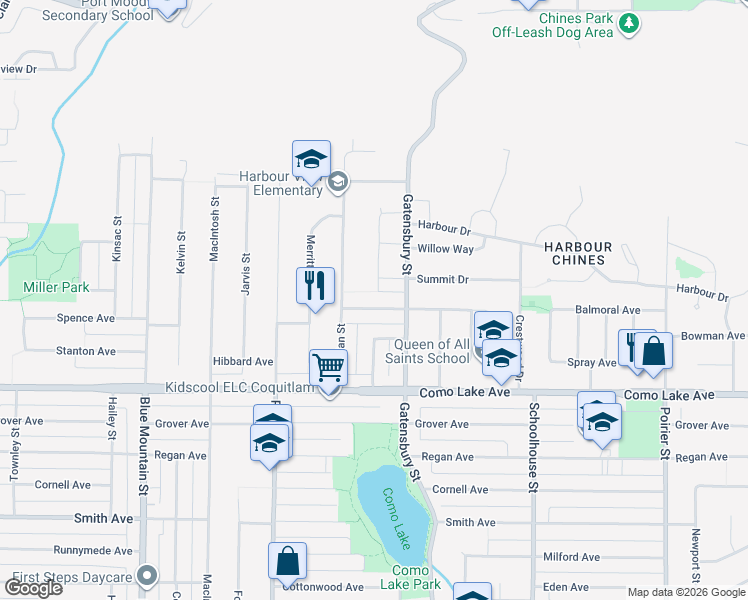 map of restaurants, bars, coffee shops, grocery stores, and more near 1205 Brisbane Avenue in Coquitlam
