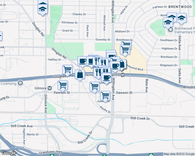 map of restaurants, bars, coffee shops, grocery stores, and more near 2008 Rosser Avenue in Burnaby