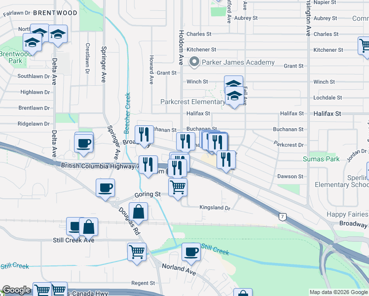 map of restaurants, bars, coffee shops, grocery stores, and more near 5814 Sumas Street in Burnaby