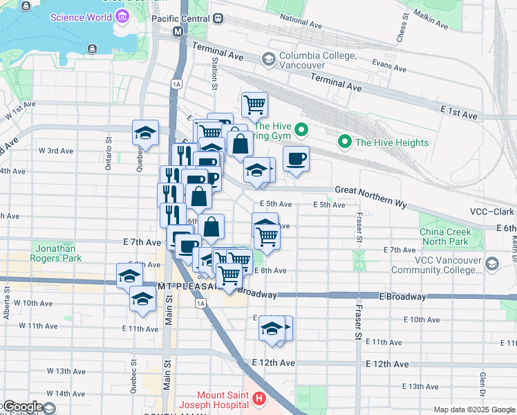 map of restaurants, bars, coffee shops, grocery stores, and more near 406 East 5th Avenue in Vancouver