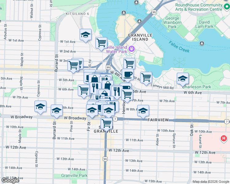 map of restaurants, bars, coffee shops, grocery stores, and more near 1450 West 6th Avenue in Vancouver