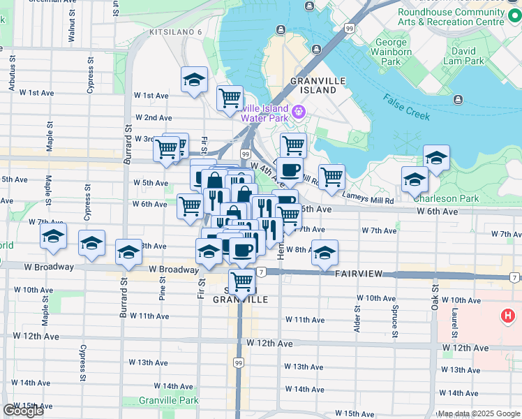 map of restaurants, bars, coffee shops, grocery stores, and more near 1450 West 6th Avenue in Vancouver