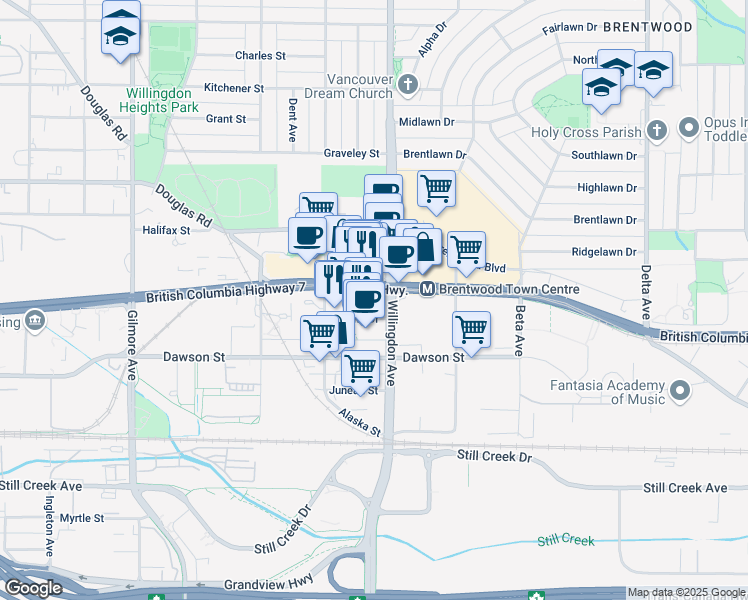 map of restaurants, bars, coffee shops, grocery stores, and more near 4465 Skyline Drive in Burnaby