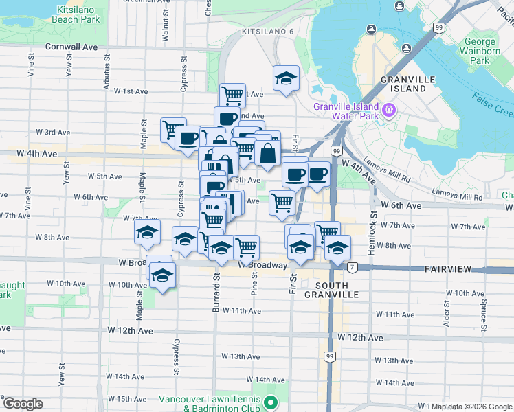 map of restaurants, bars, coffee shops, grocery stores, and more near 2288 Pine Street in Vancouver