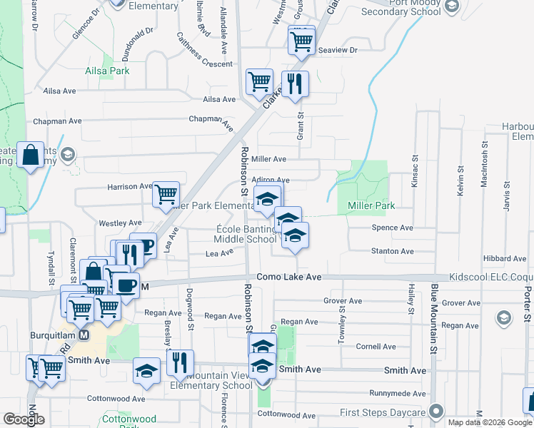 map of restaurants, bars, coffee shops, grocery stores, and more near 755 Egmont Avenue in Coquitlam