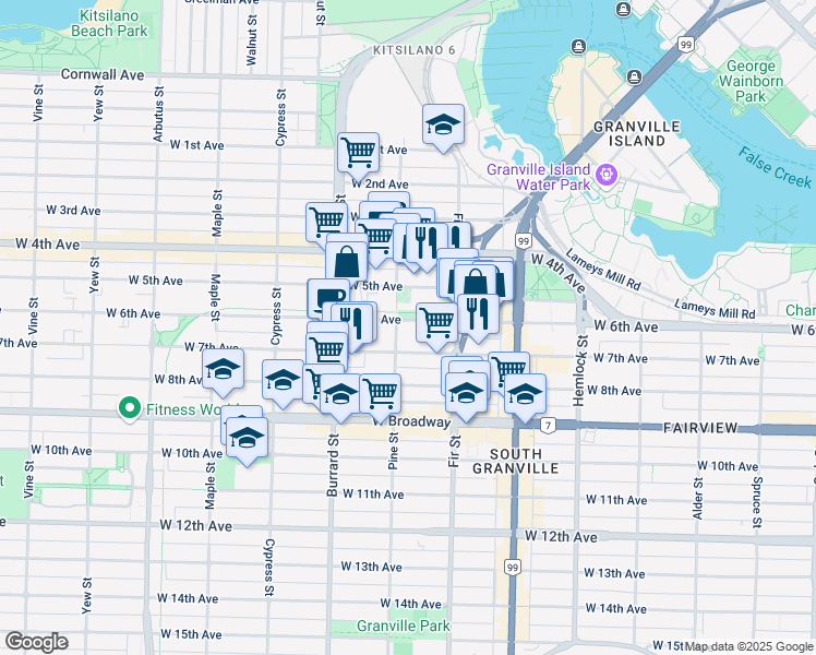 map of restaurants, bars, coffee shops, grocery stores, and more near 1680 West 6th Avenue in Vancouver