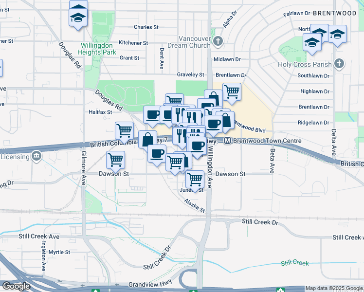 map of restaurants, bars, coffee shops, grocery stores, and more near 2008 Rosser Avenue in Burnaby
