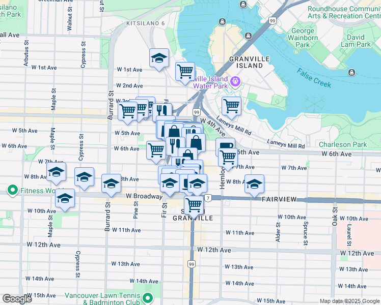 map of restaurants, bars, coffee shops, grocery stores, and more near in Vancouver