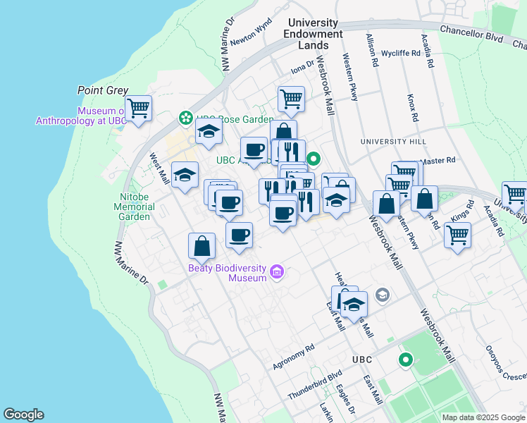 map of restaurants, bars, coffee shops, grocery stores, and more near 2045 East Mall in Vancouver