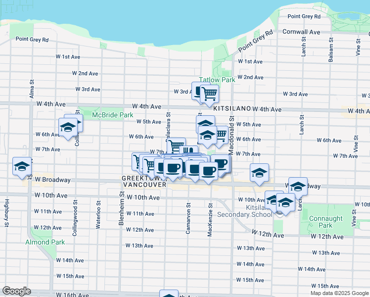 map of restaurants, bars, coffee shops, grocery stores, and more near 3011 West 7th Avenue in Vancouver