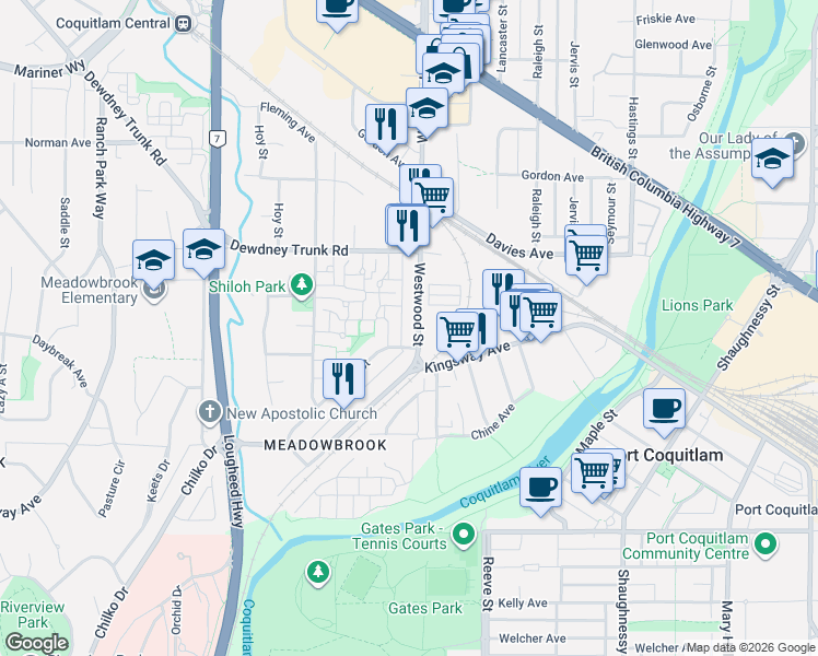 map of restaurants, bars, coffee shops, grocery stores, and more near 890 Westwood Street in Coquitlam