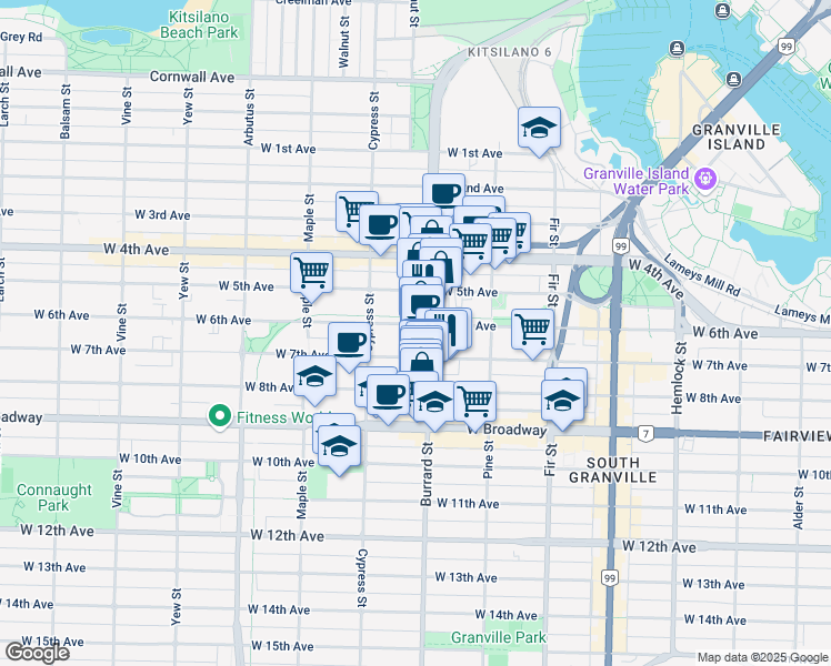 map of restaurants, bars, coffee shops, grocery stores, and more near 1818 West 6th Avenue in Vancouver