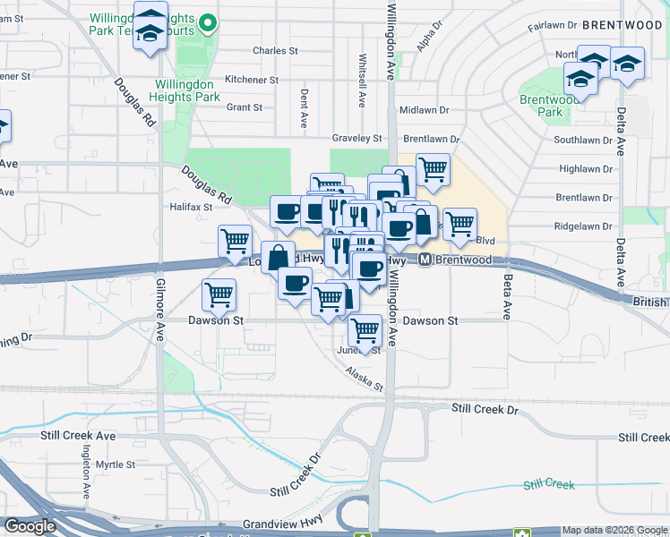 map of restaurants, bars, coffee shops, grocery stores, and more near 2008 Rosser Avenue in Burnaby