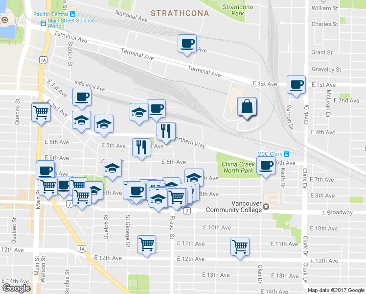 map of restaurants, bars, coffee shops, grocery stores, and more near in Vancouver