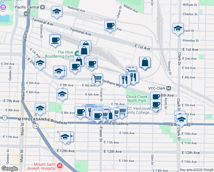 map of restaurants, bars, coffee shops, grocery stores, and more near 774 Great Northern Way in Vancouver