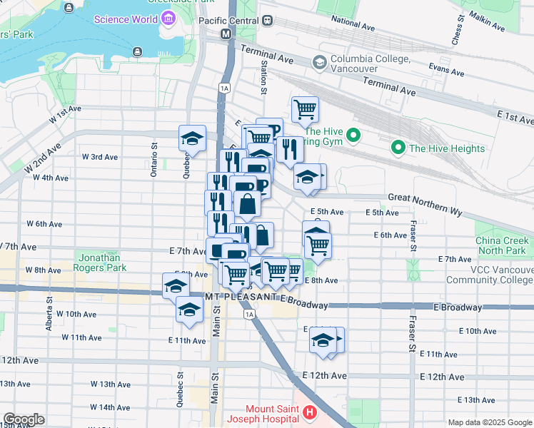 map of restaurants, bars, coffee shops, grocery stores, and more near in Vancouver