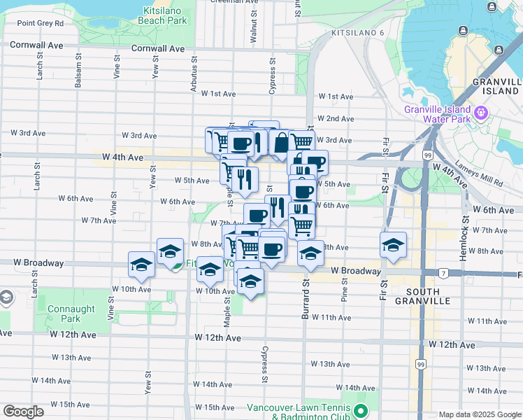 map of restaurants, bars, coffee shops, grocery stores, and more near in Vancouver