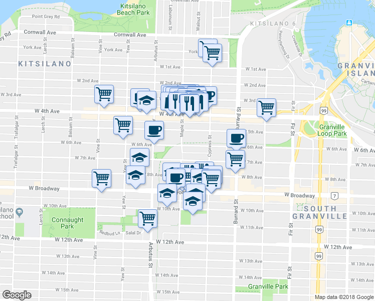 map of restaurants, bars, coffee shops, grocery stores, and more near 1954 West 6th Avenue in Vancouver